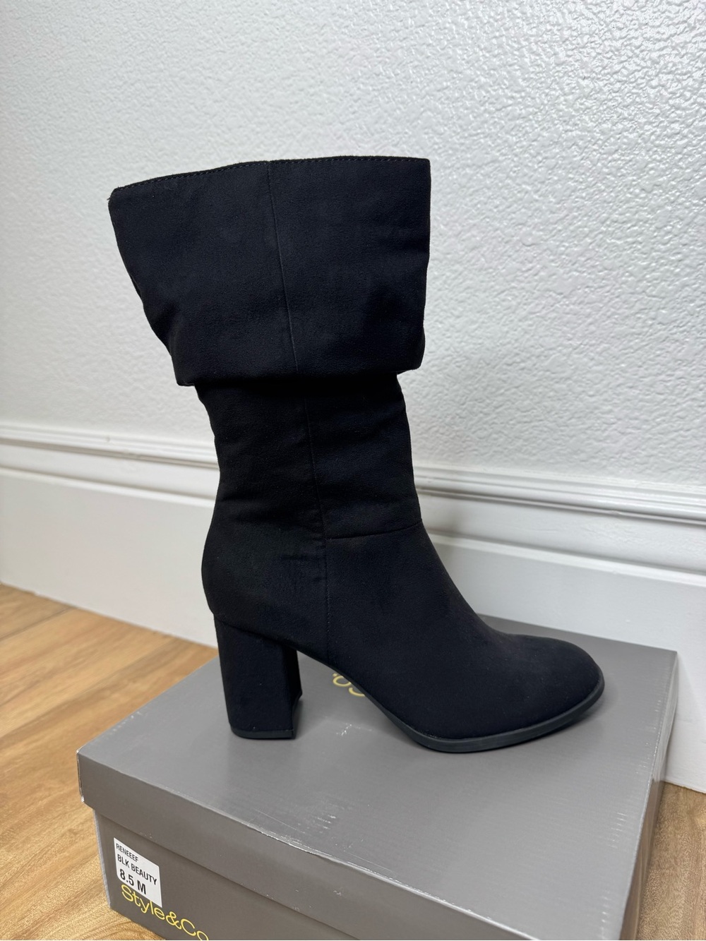 NWT Womens Style & co Black Mid-Calf scrunch Block Heel Boots